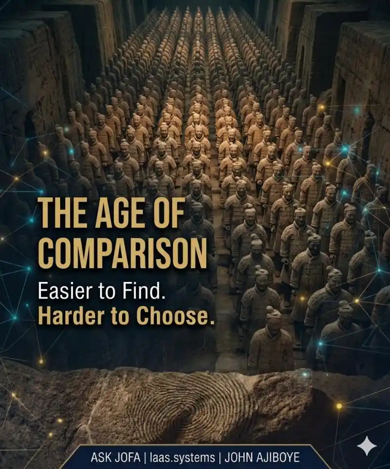 A premium, dark cinematic LinkedIn banner featuring the ancient Terracotta Army rows stretching infinitely, symbolizing overwhelming market similarity and a loss of uniqueness inside massive volume. Text overlay reads: THE AGE OF COMPARISON (Easier to Find. Harder to Choose.). Footer branding shows: ASK JOFA | laas.systems | JOHN AJIBOYE. The image illustrates B2B strategic positioning, buyer choice overload, and the comparison pressure created by artificial intelligence.