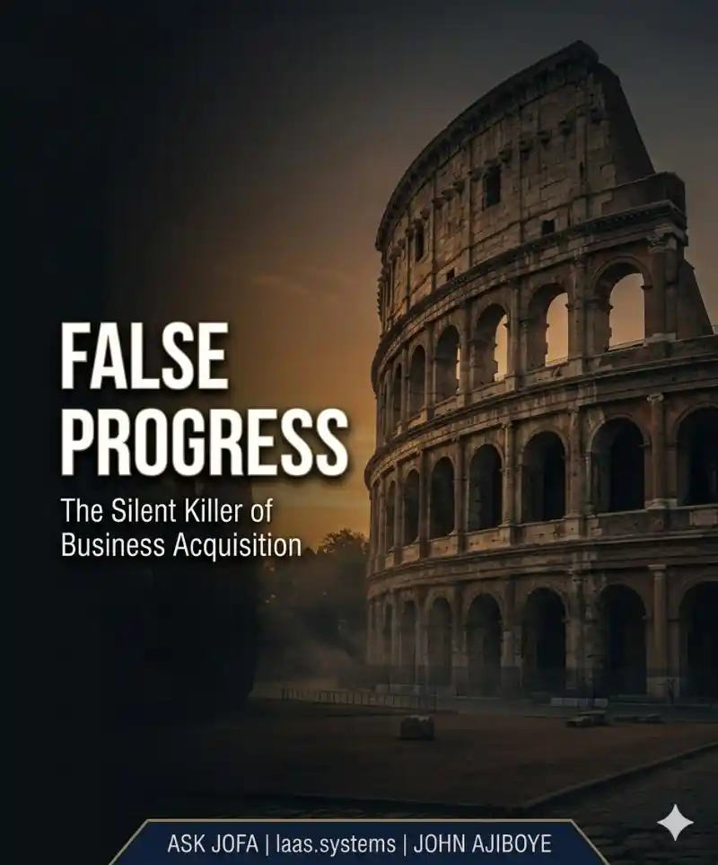 A premium, dark cinematic banner featuring the ancient Roman Colosseum at dusk, showing visible weathering and structural decay beneath its massive walls. Text overlay reads: FALSE PROGRESS: The Silent Killer of Business Acquisition. Footer branding shows: ASK JOFA | laas.systems | JOHN AJIBOYE. Symbolizes B2B operations that appear active on the surface while quietly losing market relevance.