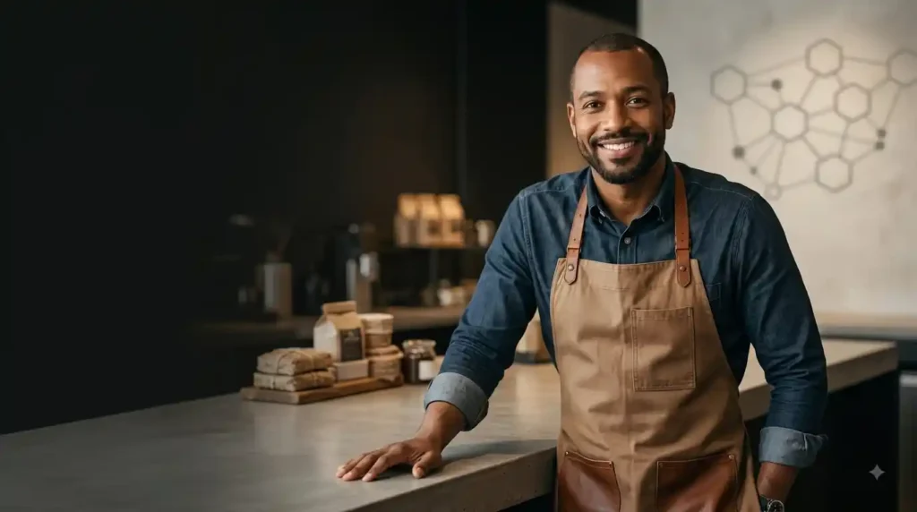 GET CUSTOMERS™ An SME business owner standing in a modern shop counter representing the LAAS Get Customers organic acquisition system.