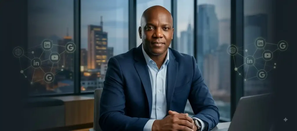 Get Hired™ A dark-skinned corporate executive in a modern glass office representing the LAAS Get Hired organic acquisition framework for career growth and leadership opportunities.