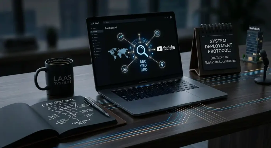 A laptop displaying a YouTube dashboard surrounded by a physical notebook showing an acquisition funnel, a 'LAAS SYSTEMS' mug, and a wooden calendar detailing system deployment protocols on a wood desk.