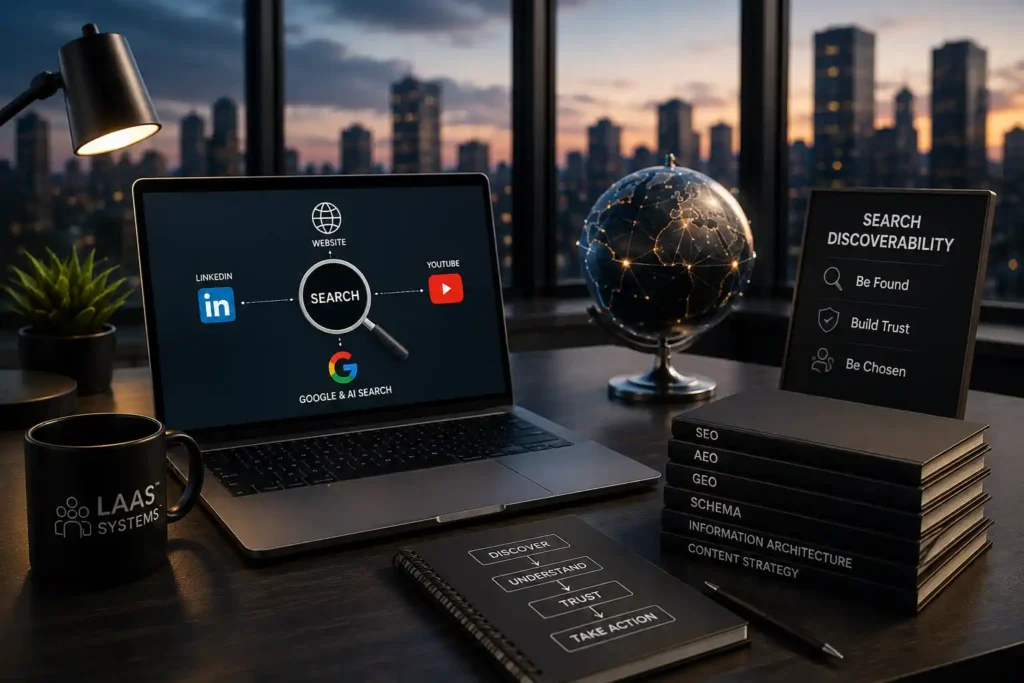 Google & AI Search Visibility: Drive Organic Discoverability Modern executive office workspace with a whiteboard showing the Google and AI Search Discoverability system framework.