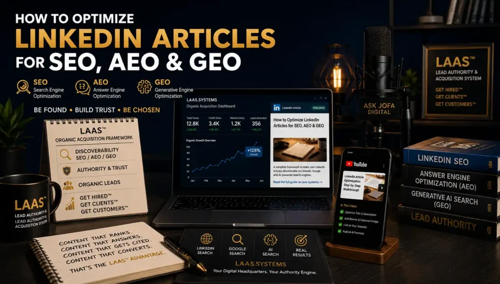 How I Get Cited by AI Search Engines Using LinkedIn Articles | LAASâ„¢ Systems Executive workspace desk setup with laptop analytics dashboard showing LinkedIn article optimization strategy for SEO AEO and GEO