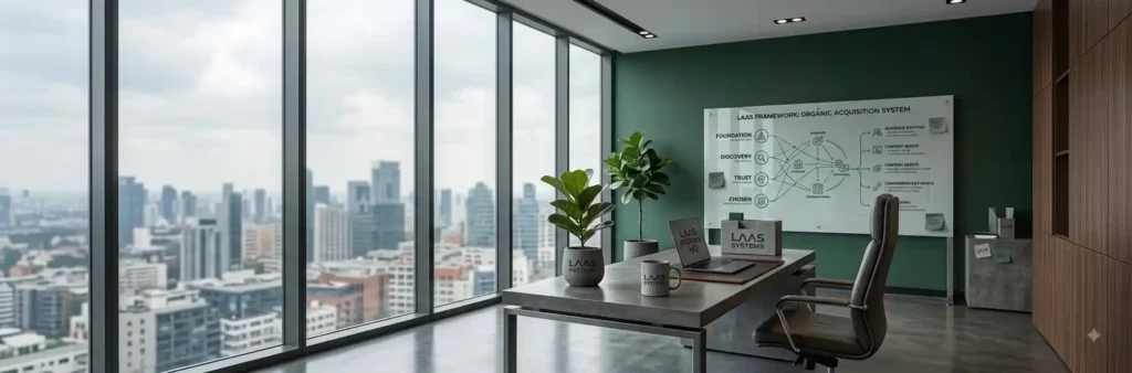 Your Digital Headquarters: Build a Website That Drives Organic Acquisition Modern executive office representing a LAAS Systems Digital Headquarters website built for organic client acquisition.
