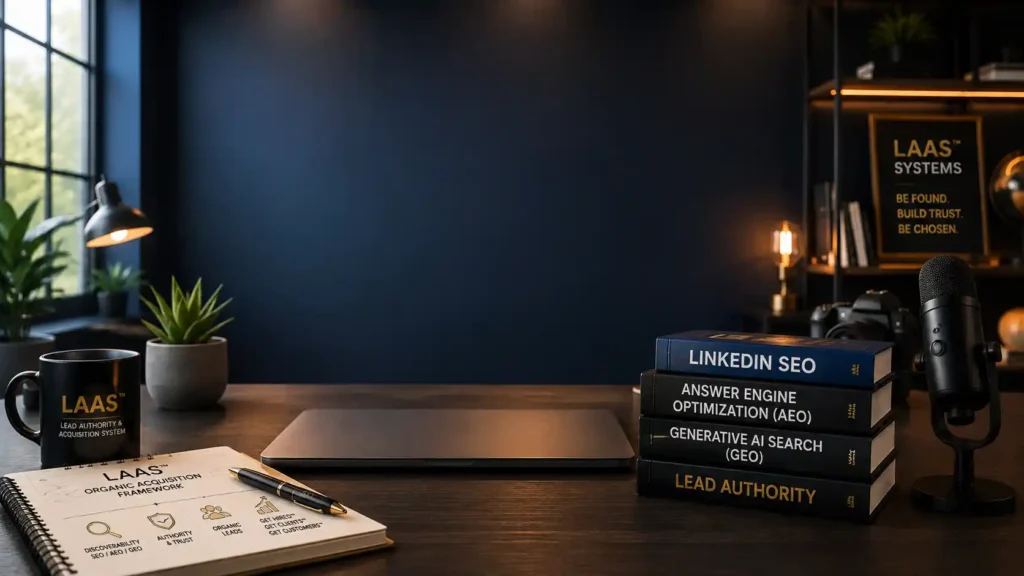 How I Get Cited by AI Search Engines Using LinkedIn Articles | LAAS™ Systems LAAS framework digital workstation displaying search analytics and LinkedIn article optimization strategy by John Ajiboye ASK JOFA Digital