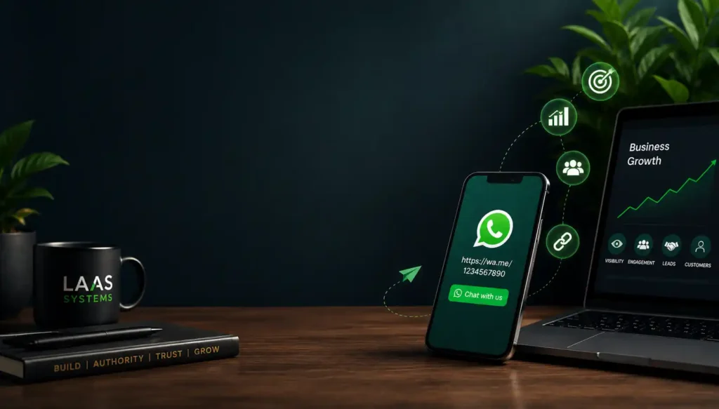 How to Use Your WhatsApp Link to Get More Business Social media share banner explaining how to use a WhatsApp link to get clients, featuring a dark blue enterprise theme with LAAS Systems branding, a smartphone with WhatsApp Business, and bold central text.