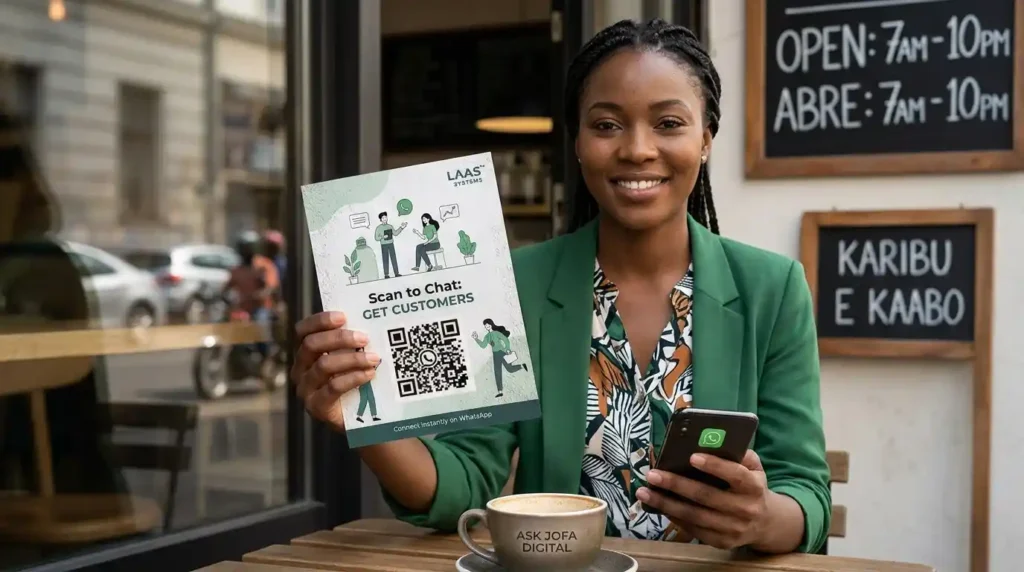 Business WhatsApp QR code displayed on a promotional flyer for customers to scan and start a conversation