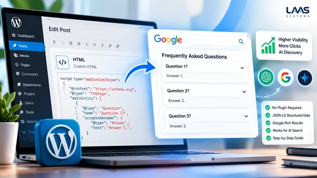 How to Add FAQ Schema in WordPress Without a Plugin (Step-by-Step Guide) WordPress FAQ schema tutorial showing JSON-LD structured data in a Custom HTML block